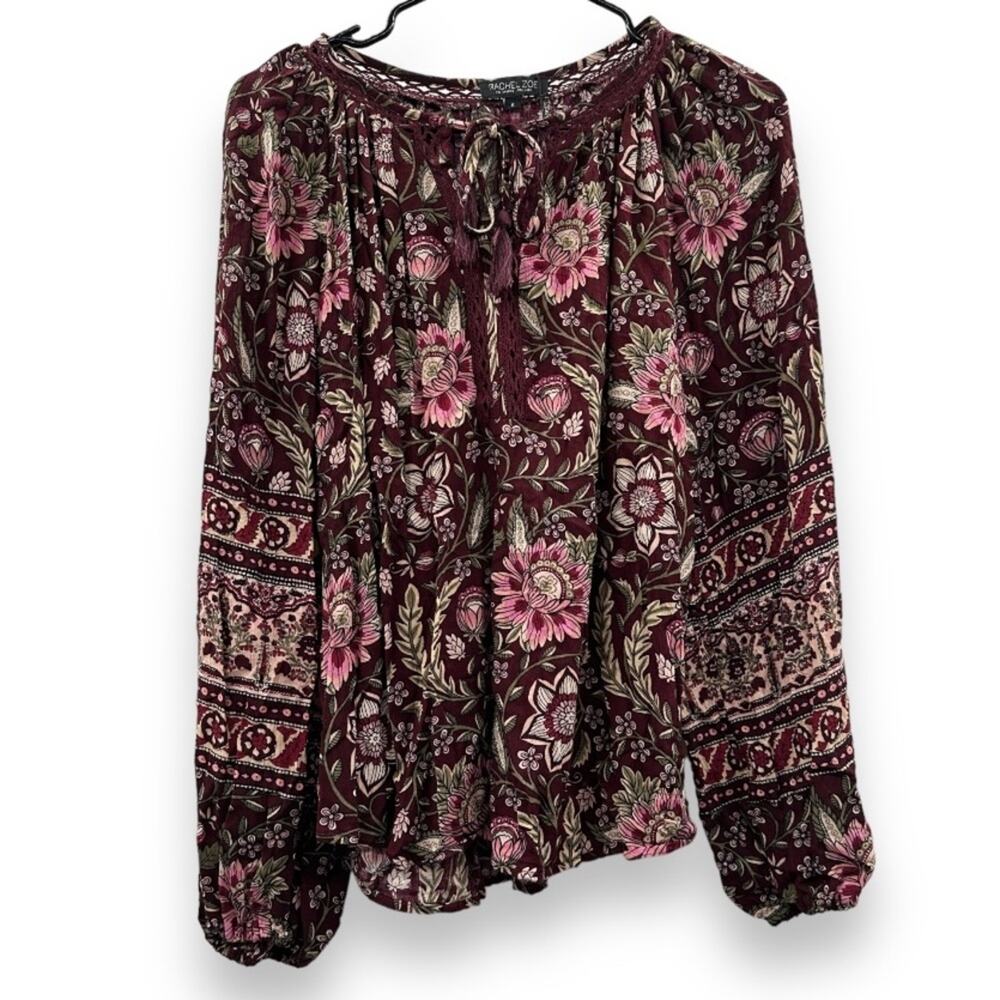 Rachel Zoe Burgundy Paisley Floral Print Long Sleeve Tie Neck Top Size S